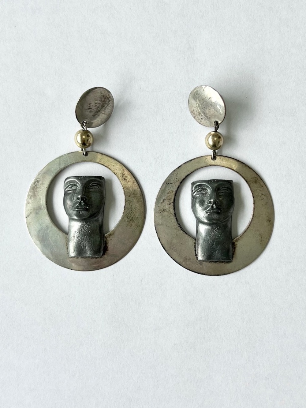 Vintage Signed Tabra Face Goddess Mixed Metal Statement Earrings